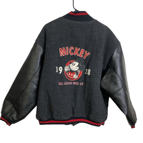 Disney Store Mickey Varsity Jacket Mens XL Gray Faux Leather Embroider Nice Guy - Picture 1 of 14